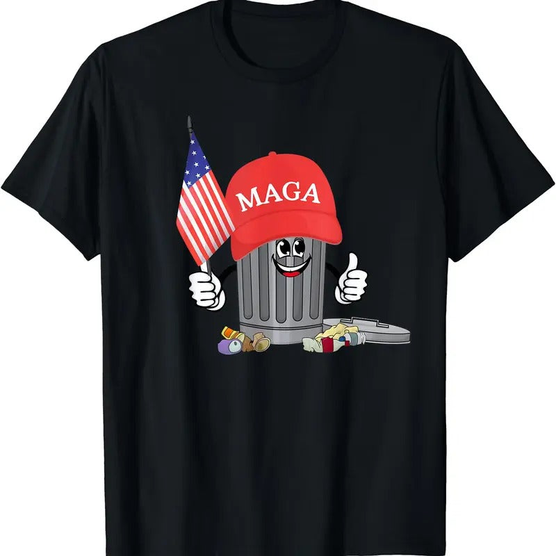 Funny Trump MAGA Garbage Can Cartoon Character American Flag T-Shirt