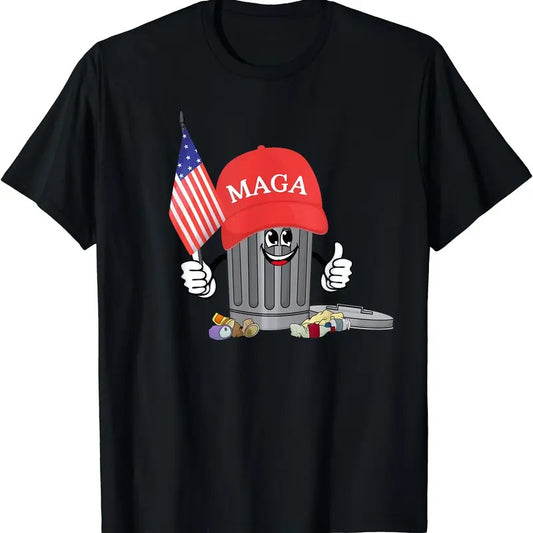 Funny Trump MAGA Garbage Can Cartoon Character American Flag T-Shirt