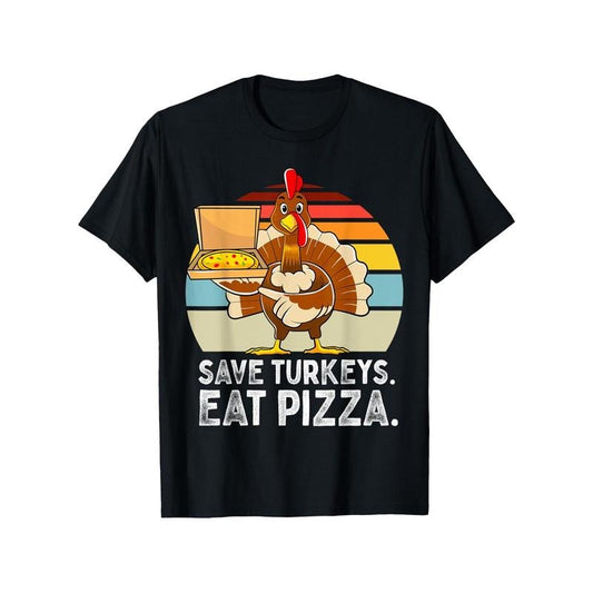 Funny Turkey & Pizza Graphic Men's T-Shirt - 100% Cotton, Crew Neck, Short Sleeve - Perfect for Thanksgiving & Casual Wear made in usa