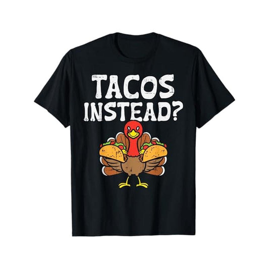 Funny Turkey & Tacos Graphic Tee - 100% Cotton, Breathable & Soft, Perfect for Thanksgiving & Christmas Gifts, Casual Round Neck Short Sleeve Shirt for Men & Women, Machine Washable, Black Made in USA