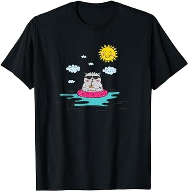 Funny Vacation Shirt, Cat Drinking Summer Beach Vacation Funny Animal Lover Gift T-Shirt Menswear Casual Cotton