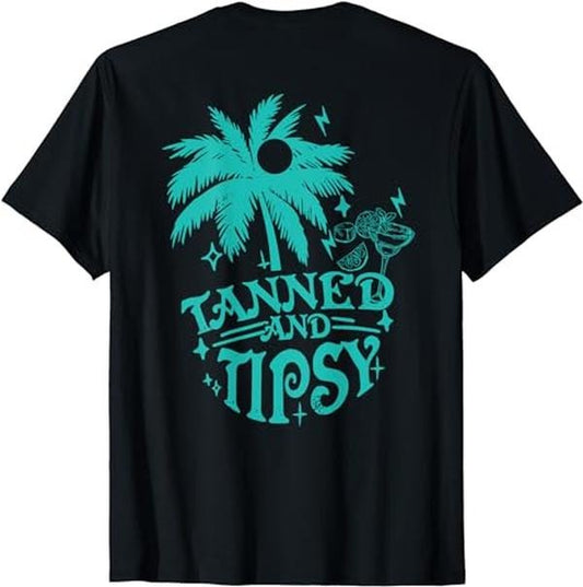 Funny Vacation Shirt, Retro Tanned And Tipsy Cocktail Lover Funny Beach Vacation T-Shirt Menswear Casual Cotton