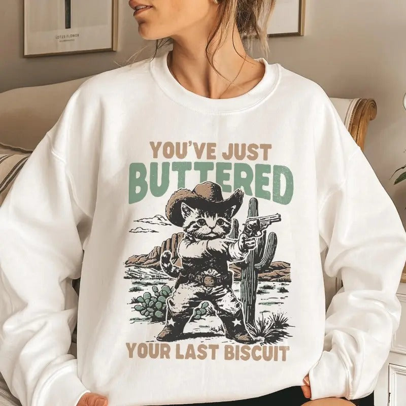 Funny Western Retro Cat Cowboy Last Biscuit Unisex Sweater, Funny Cowboy Cat Tee, Country Saying Shirt