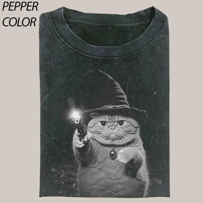 Funny Wizard Cat Shooter Vintage Graphic T-shirt, Cute Witch Cat Tee, Cat Lover Unisex T-Shirt, 90's Style Streetwear Graphic Gift For Men Women