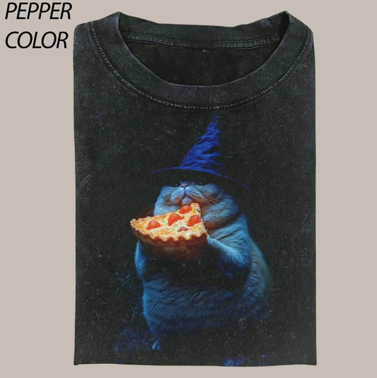 Funny Wizard Pizza Vintage Graphic T-shirt, Cute Witch Cat Tee, Cat Lover Unisex T-Shirt, 90's Style Streetwear Graphic Gift For Men Women