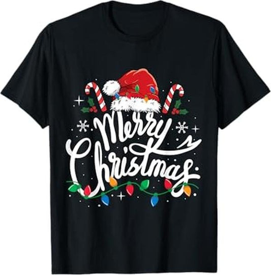 Funny Xmas Men Women Family T-Shirt, Merry Christmas Lights Red Santa Hat Xmas Family T-Shirt - Menswear Top