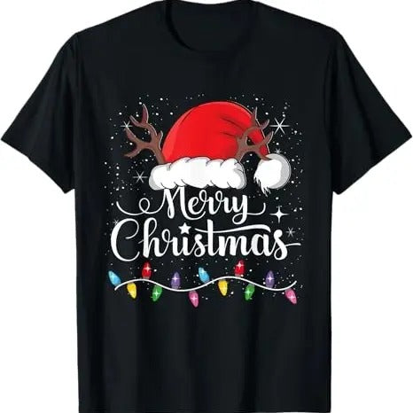 Funny Xmas Men Women Family T-Shirt, Merry Christmas Red Santa Hat Reindeer Xmas Family Men Women T-Shirt - Menswear Top