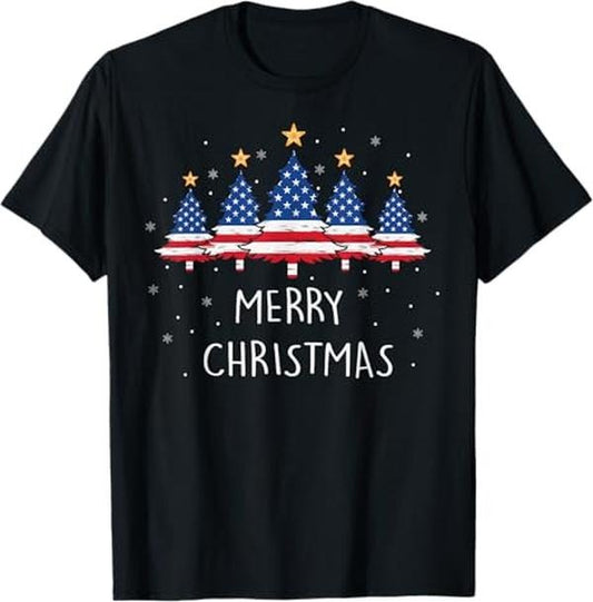 Funny Xmas Men Women Family T-Shirt, My American Flag Christmas Tree Pajama Shirt Xmas Funny T-Shirt - Menswear Top
