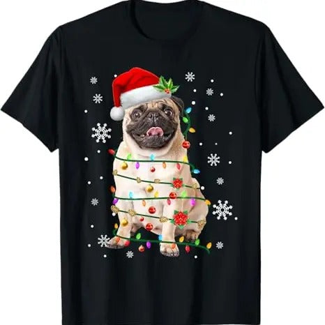Funny Xmas Men Women Family T-Shirt, Santa Pug Christmas Lights Xmas Dog Lover T-Shirt - Menswear Top