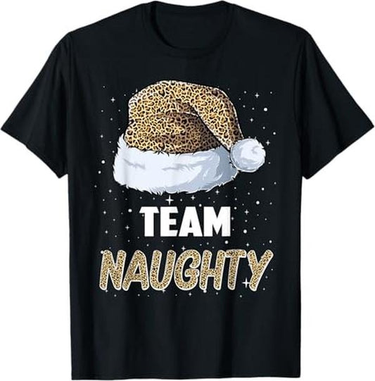 Funny Xmas Men Women Family T-Shirt, Team Naughty Santa Leopard Hat Pajamas Family Xmas T-Shirt - Menswear Top
