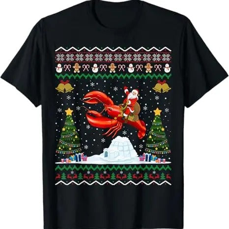 Funny Xmas Men Women Family T-Shirt, Ugly Xmas Gift Santa Riding Lobster Christmas T-Shirt - Menswear Top