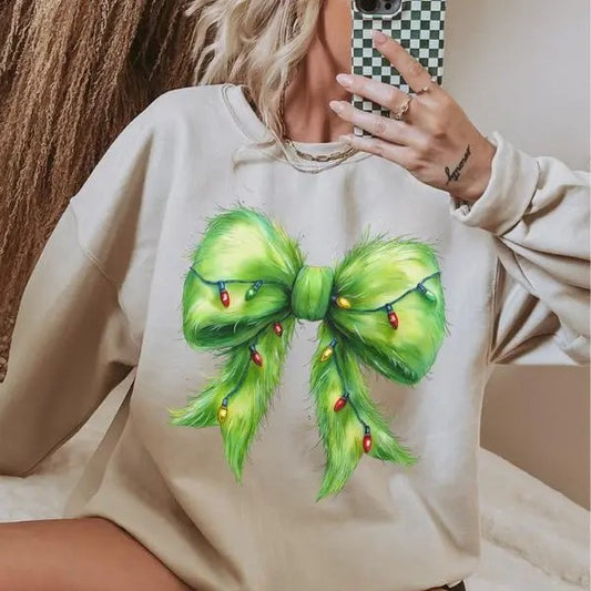 Furry Christmas Light Bow Sweatshirt, Christmas Shirt, Merry Christmas Sweatshirt, Bow Shirt, For Men, For Women