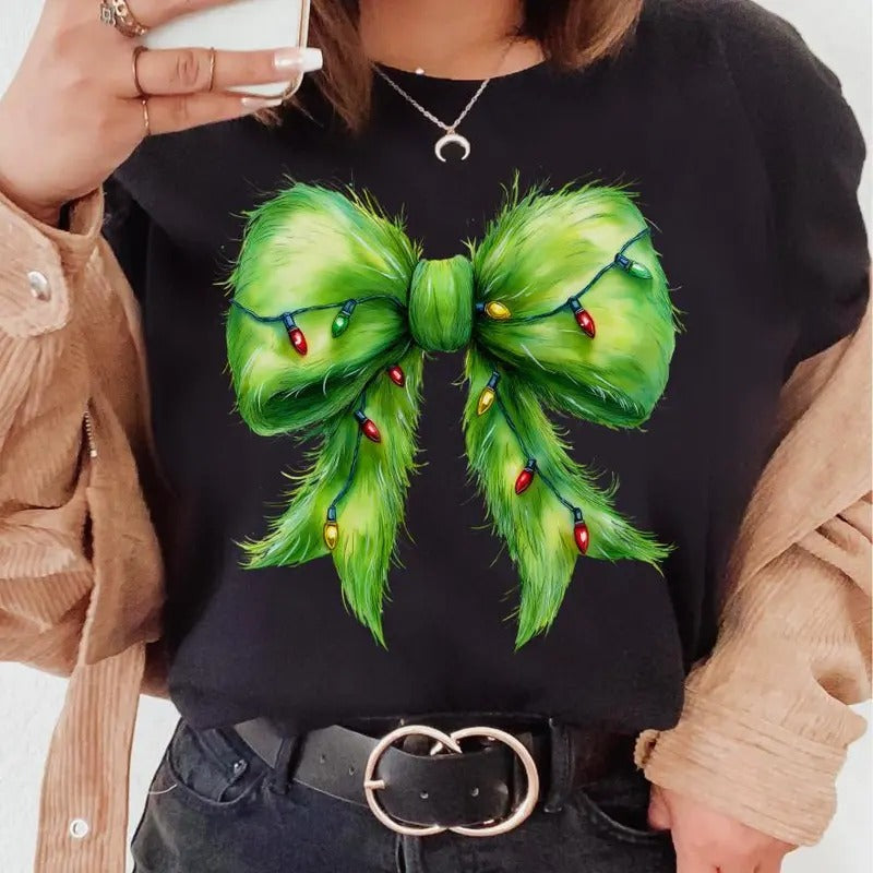 Furry Christmas Light Bow T-shirt Sweatshirt Hoodie, Unisex Apparel Relaxed Fit Printed In The USA Clothing Womenswear Casual Love Comfortable