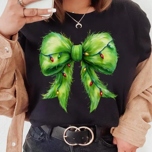 Furry Christmas Light Bow T-shirt Sweatshirt Hoodie, Unisex Apparel Relaxed Fit Printed In The USA Clothing Womenswear Casual Love Comfortable