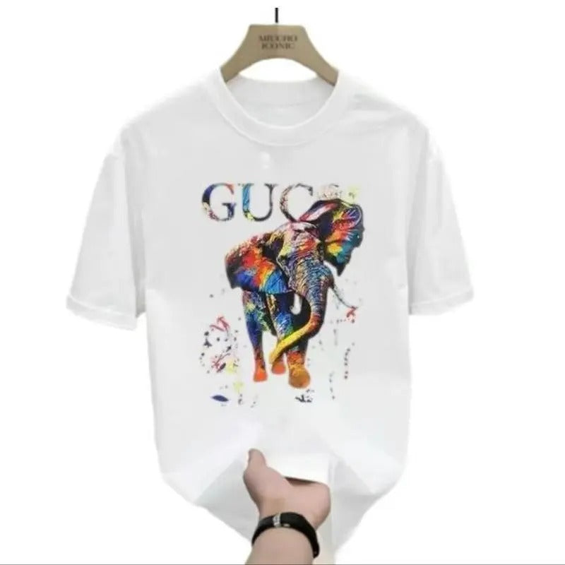 G Luxury Retro Colorful Elephant Cotton Unisex T-Shirt, Hip Hop Streetwear Style, Short Sleeve, Casual Y2K Shirt for Women Fit Comfort Crewneck Fit Pieces Printed Clothing Animal Casual