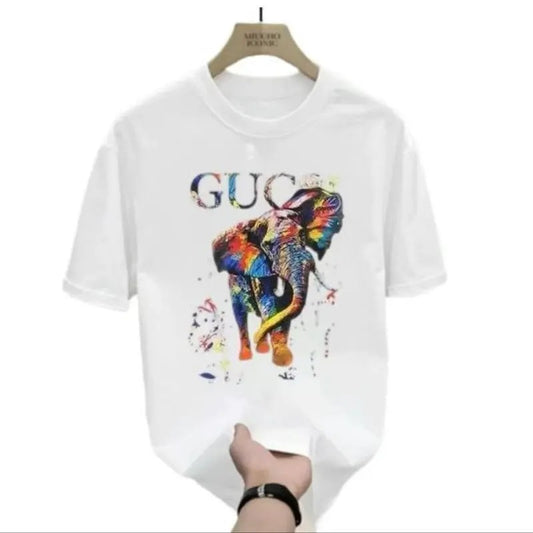 G Luxury Retro Colorful Elephant Cotton Unisex T-Shirt, Hip Hop Streetwear Style, Short Sleeve, Casual Y2K Shirt for Women Fit Comfort Crewneck Fit Pieces Printed Clothing Animal Casual
