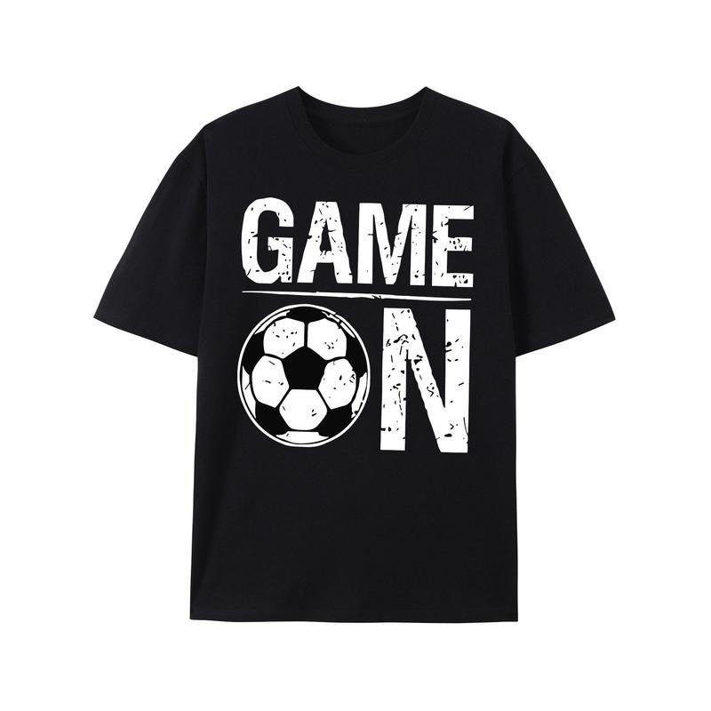 GAME ON And Soccer Graphic Print, Men's Novel Graphic Design T-shirt, Casual Comfy Tees For Summer, Men's Clothing Tops For Daily Activities made in usa