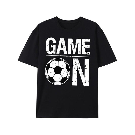 GAME ON And Soccer Graphic Print, Men's Novel Graphic Design T-shirt, Casual Comfy Tees For Summer, Men's Clothing Tops For Daily Activities made in usa