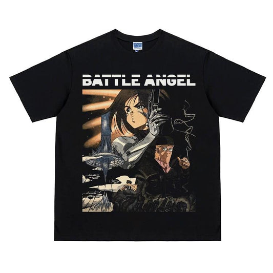 GUNNM "Battle Angel Alita" Vintage Oversized Tee Anime T-shirt 100% Cotton Original Design Men's Top for Fans DTG Printing Menswear Tshirt Streetwear Tropical Round Neck Shortsleeve