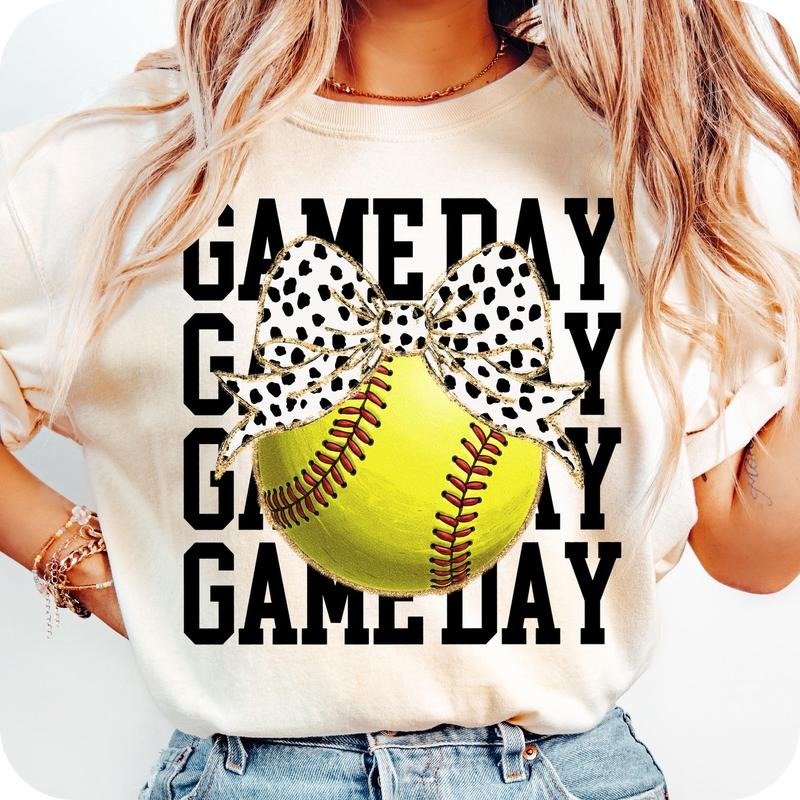 Game Day Softball Bow T-Shirt, Retro softball T-Shirt, Softball Embroidery T-Shirt, Softball Mama T-Shirt, Softball Mom T-Shirt