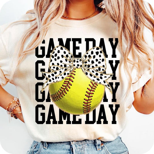 Game Day Softball Bow T-Shirt, Retro softball T-Shirt, Softball Embroidery T-Shirt, Softball Mama T-Shirt, Softball Mom T-Shirt