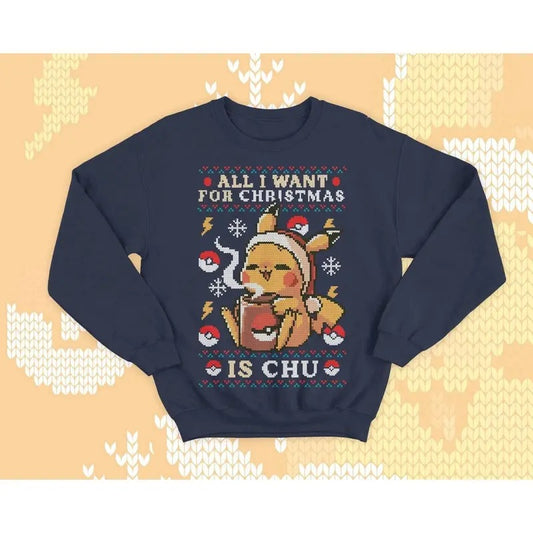 Gamer Kawaii Ugly Christmas Sweater - Coffee and Cute sweatshirt gift - video game monster - All I want for Christmas is Chu- Eat Sleep