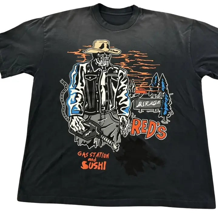 Gas Station & Sushi T-Shirt, Vintage Graphic Tees Skull Gothic Biker Grunge Y2k Emo Scene Amity Affliction Style Clothes Men Women Streetwear