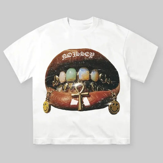 Gem Shell Vintage Grills & Lip Print T-Shirt, Y2k Clothing, Unisex Cotton Crewneck T-Shirt - Medium, Short Sleeve, Casual Streetwear Printed Tee