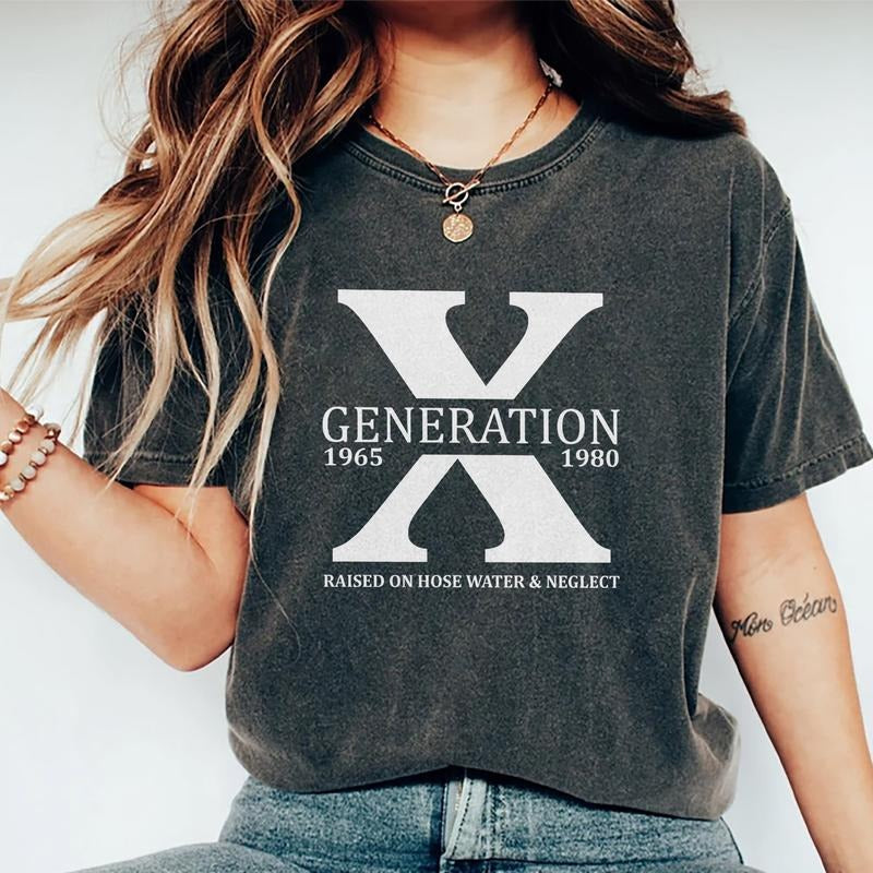 Gen X Raised On Hose Water And Neglect Tee, Generation X Graphic Tee Women, Nostalgic Gen X Unhinged Shirts, Retro Style T-shirts, Comfy Oversized Graphic Tee, Unisex Outfits, Menswear, Women's Tops, Womenswear, Cotton Fabric Relaxed Fit Chic Style