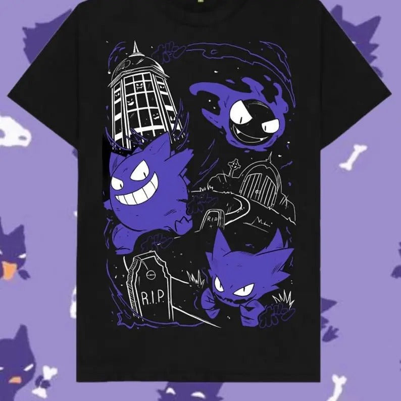 Gengar Gastly T-Shirt, Ghost Type element Silhouette, Video Game T-Shirt, Japanese Anime, Haunter Shirt, Gengar Shirt, Gastly Shirt