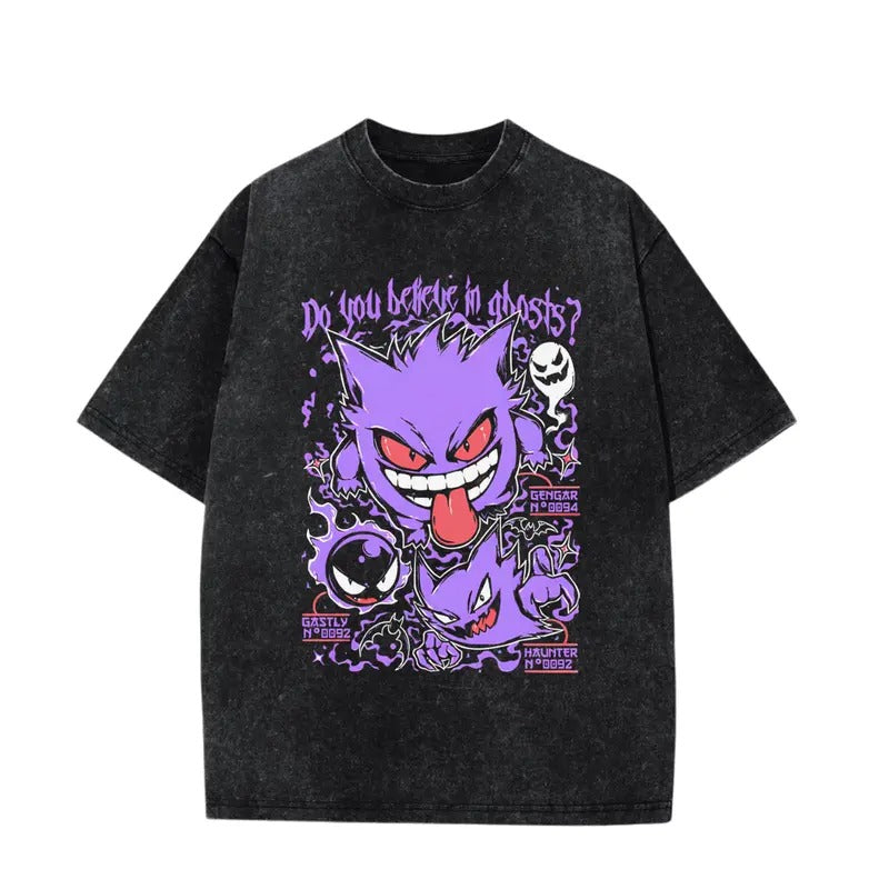 Gengar Ghastly Heavy Washed T-Shirt, Ghost Type element Silhouette, Video Game T-Shirt, Japanese Anime, Birthday Gift