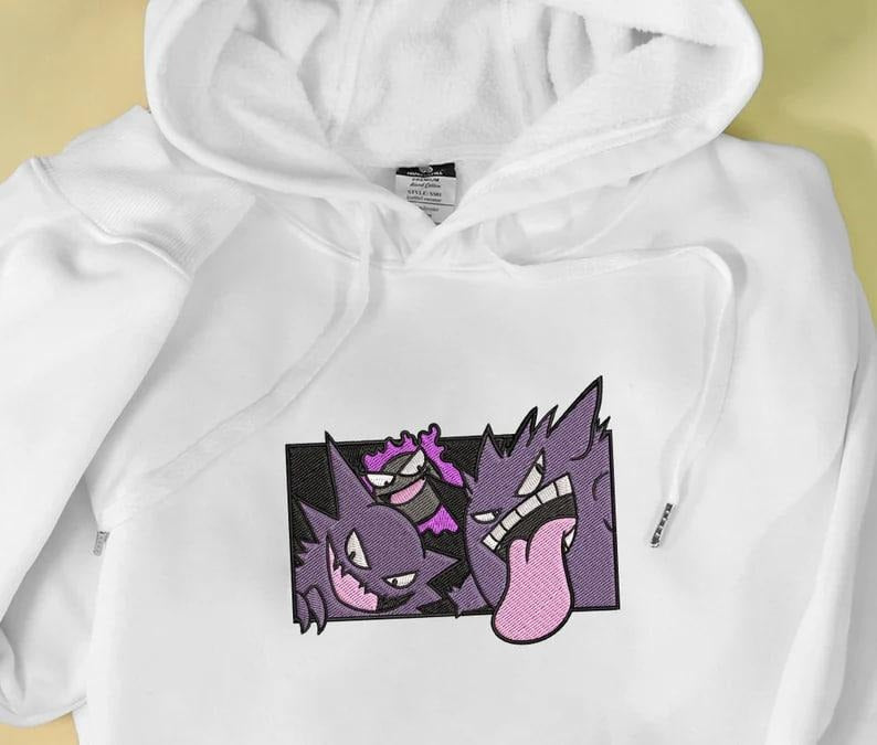 Gengar Ghost Embroidered Sweatshirt Anime Embroidered Sweatshirt Gengar Shirt Gift,Ghost Gengar Embroidered Hoodie Anime Embroidered Hoodie