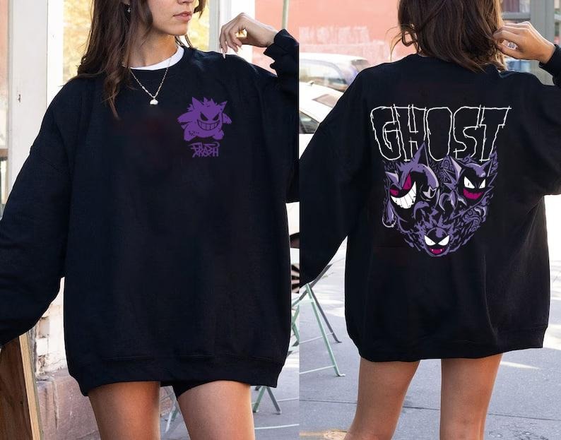 Gengar Ghost Sweatshirt, Gengar 2 Sides Sweatshirt, Gengar Sweatshirt, Gengar Pokemon Vintage Shirt, Dark Ghost Kaiju Japanese Style Sweatshirt, Japanese Anime Movie Film Nerd Gaming Novelty Funny Unisex Sweatshirts
