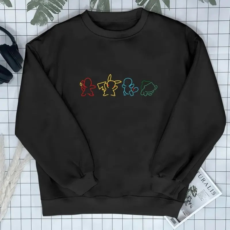 Geometry Cute Unisex Sweatshirt Silhouette Shirt Funny Shirt Pikachu Hoodie Charmander Squirtle Bulbasaur Shirt Retro Anime Shirt, Gift For Fan Pokemon, Gift For Him, Gift For Her, Anime Graphic Tee Menswear Top Hoodie Sweaters Biker Underwear Pullover