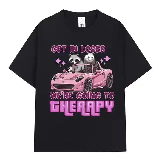 Get in Loser We Going Therapy Vintage Graphic Tee Funny Animal Raccoon Possum Meme Short Sleeve T-shirts Men Women Cotton Loose T Shirts Gamis