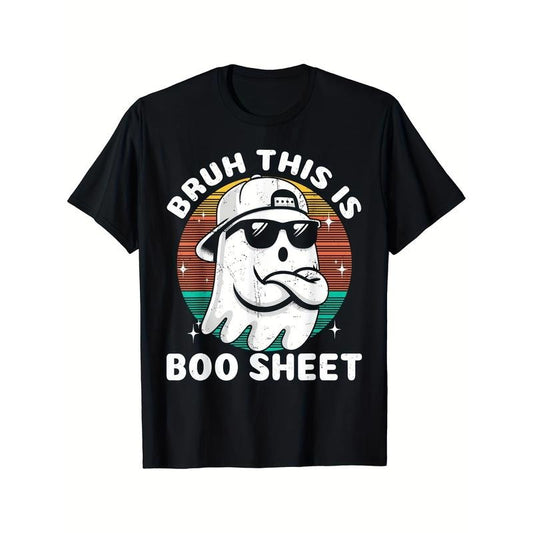 Ghost Boo Sheet Graphic T-Shirt - Comfortable, Breathable, Soft, Casual Short Sleeve, Daily Wear, All Season, 220g, Black, Funny Retro Halloween Printed Design for Men made in usa