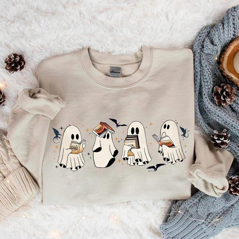 Ghost Book Dragon Sweatshirt, Cute Ghost Shirt, Ghost Book Sweatshirt, Halloween Gift For Book Lovers, Bookish Halloween Sweatshirt, Ghost Bookish Shirtstyle{n002}2