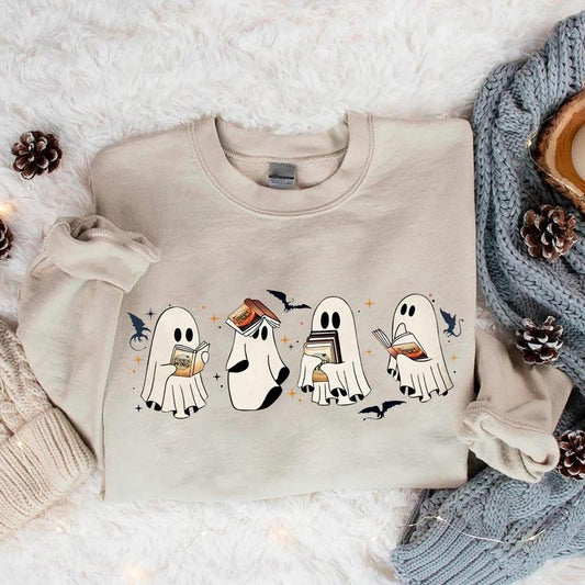 Ghost Book Dragon Sweatshirt, Cute Ghost Shirt, Ghost Book Sweatshirt, Halloween Gift For Book Lovers, Bookish Halloween Sweatshirt, Ghost Bookish Shirtstyle{n002}2