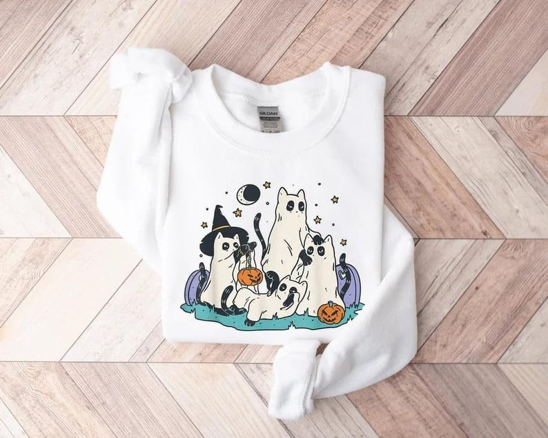 Ghost Cat Halloween Shirt, Halloween Cat Sweatshirt, Black Cat Shirt, Cat Lover Gift, Witch Cat Tee, Cat Pumpkin Shirt, Fall Sweatshirtstyle{n002}2
