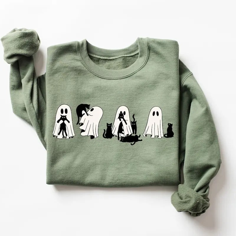 Ghost Cat Sweatshirt, Ghost Cat Tshirt, Halloween Crewneck, Ghost Shirt, Cat Lover Shirt, Cat Tshirt, Halloween Shirt Cotton Sweaters