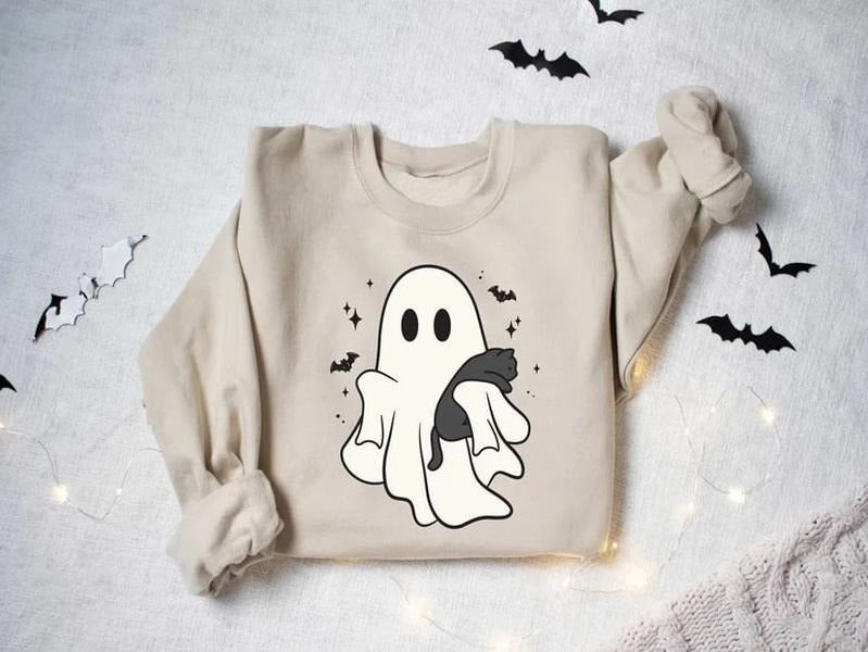 Ghost Cat Sweatshirt, Ghost Cat Tshirt, Halloween Crewneck, Ghost Shirt, Cat Lover Shirt, Cat Tshirt, Halloween Shirt, Cat Mom Tshirt