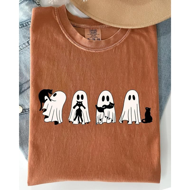 Ghost Cats, Adorable, Halloween, Witch, Skeleton, Trick or Treat Shirt, Women's Comfort Color Tee, Tshirt