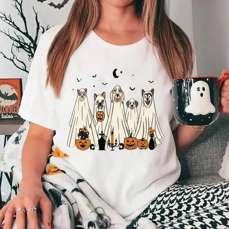 Ghost Dog Halloween Shirt, Halloween Dog Shirt, Retro Dog Mom Halloween Shirt, Spooky Season Dog Lover Gift, Pumpkin Dog Shirt, Unisex Short Sleeve Tee Shirt, Casual Clothing Womenswear Tops