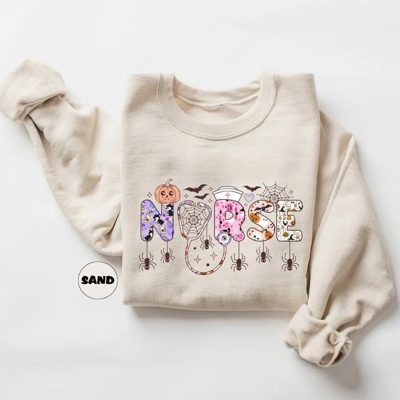 Ghost Nurse Halloween Sweatshirt, Spooky Top Halloween Hoodie, Retro Nurse Tee, Gift for Nurse Menswear Fabric