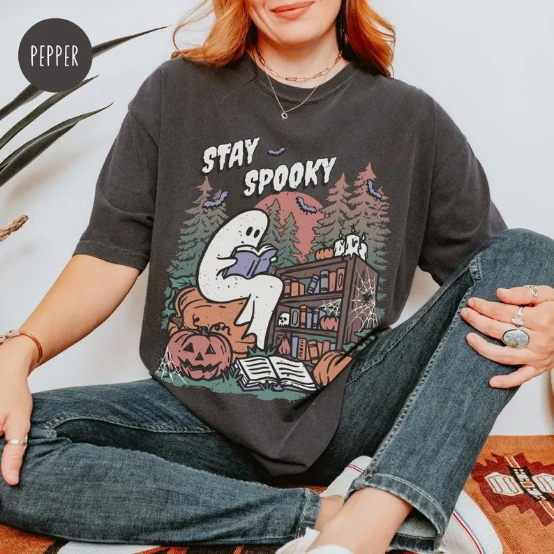 Ghost Reading Book Shirt for Book Lover Ghost Gift Cute Halloween Shirt for Spooky Teacher Bookish Librarian Fall Tee Spooky Season T-Shirt