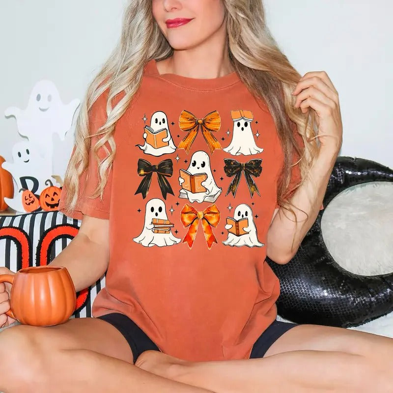 Ghost Reading Shirt, Coquette Halloween Sweatshirt, Bow Ghost Shirt, Book Lover Tshirt, Coquette Ghost Sweatshirt, Ghost Book Shirt, Bookish Shirt