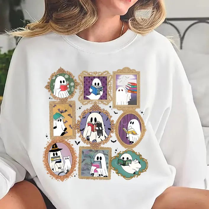 Ghost Reading Throne Of Glass Sweatshirt, Cute Ghost Reading Book Tee Shirt, Fourth Wing Ghost Reading Sweater, Acotar Ghost Halloween T-Shirt