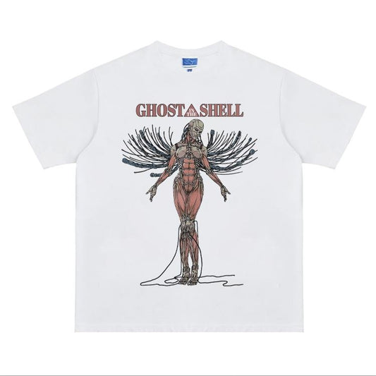 Ghost in the Shell "Motoko Kusanagi" Heavyweight Vintage Tee 100% Cotton OVERSIZED Anime T-shirt Menswear Top Crew Necks Tshirt Casual Streetwear White Crewneck Tropical Shortsleeve Baggy Loose