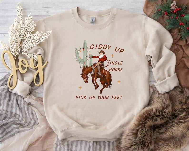 Giddy Up Christmas Sweatshirt, Vintage Cowboy Catus Christmas Tree Shirt, Trendy Jingle Horse Xmas Sweatshirt Classic Cotton