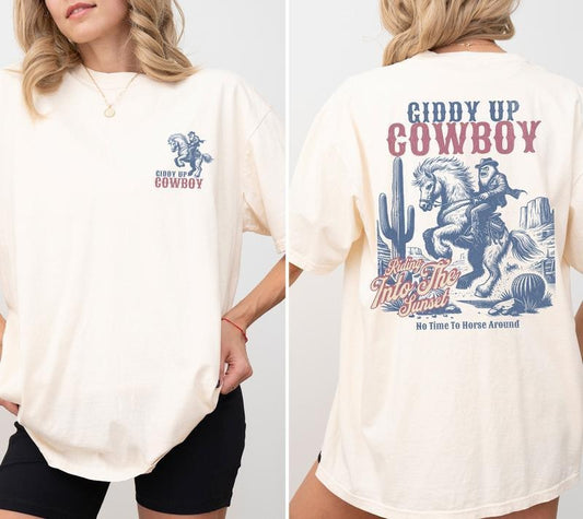 Giddy Up Cowboy Vintage Graphic T Shirt, Retro Cowboy Shirt, Rodeo Shirt, Vintage Washed Shirt, Giddy Up Tee, Unisex T-Shirt, Gifts For Women, Short Sleeve Tee Shirt, Gifts For Birthday Fathers Day Christmas